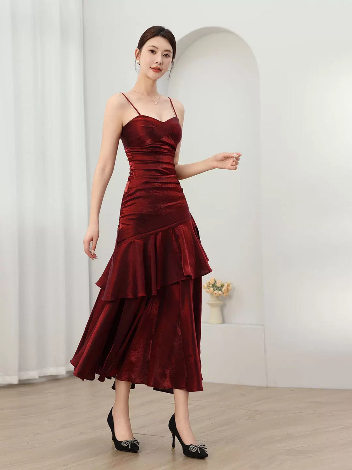 temporary love satin mermaid dress wine Deep V-Neck Sculpting Satin Slim Mermaid Dress