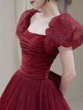 Wine Red Tulle Short Sleeves A-line Tulle Prom Dress, Wine Red Lace-up Long Party Dress