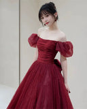 Wine Red Tulle Short Sleeves A-line Tulle Prom Dress, Wine Red Lace-up Long Party Dress