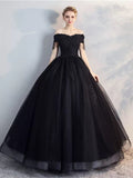 Black Off Shoulder Tulle with Lace Applique Long Party Dress, Black Tulle Prom Dress