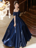 A-line Blue Satin Off Shoulder Long Prom Dress, Blue Satin Evening Dress Formal Dress
