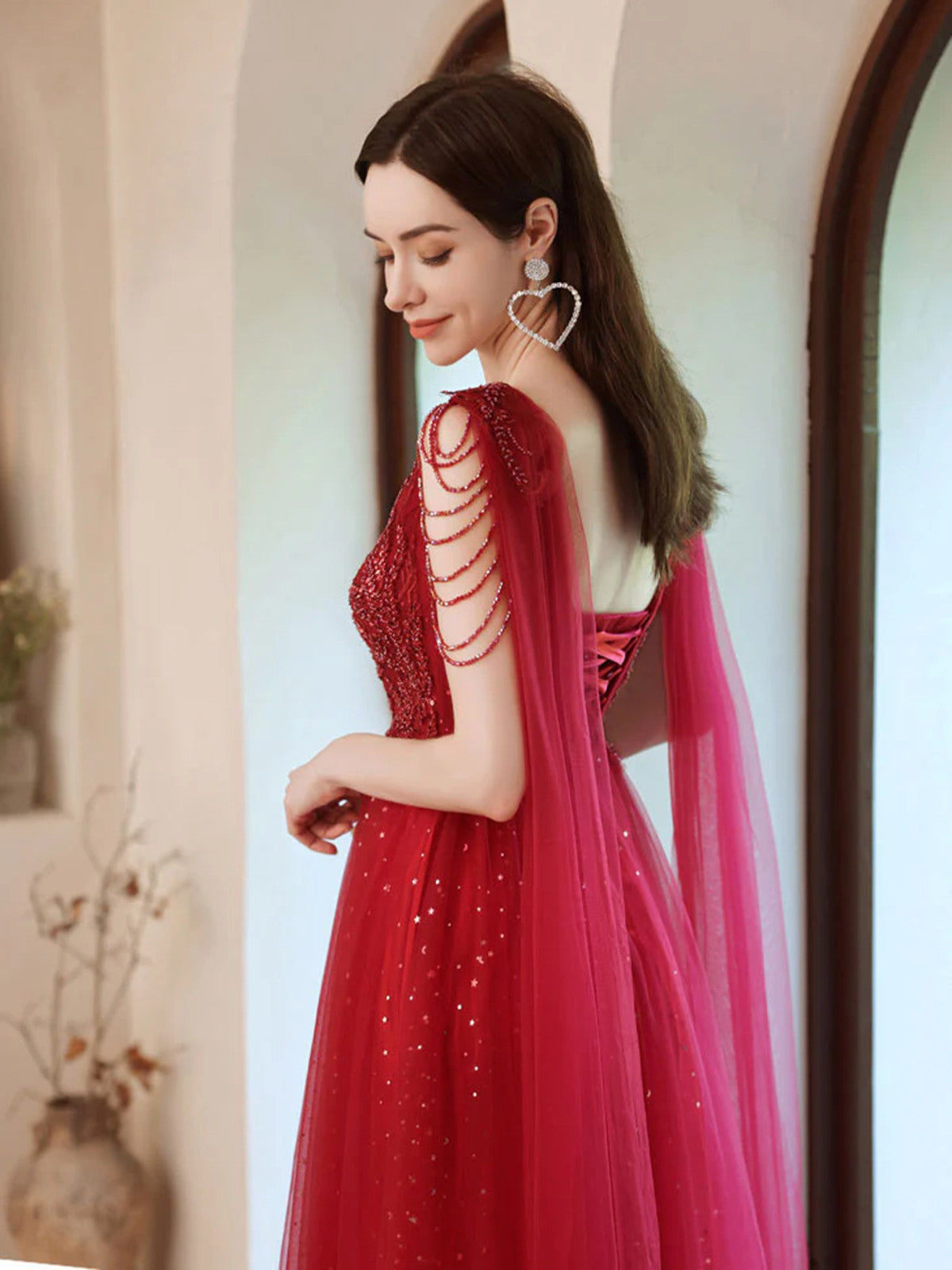 Wine Red V-neckline Tulle Beaded A-line Prom Dress, Wine Red Floor Length Party Dress