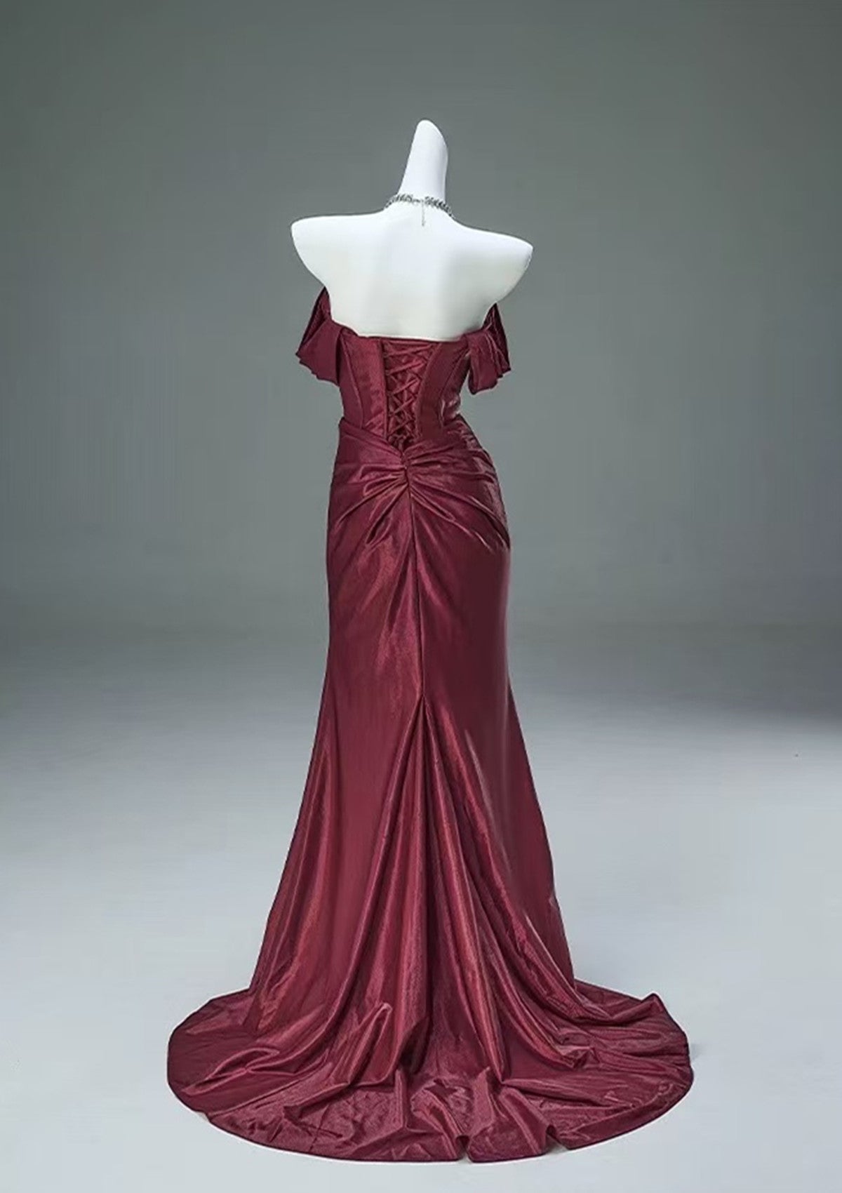 Wine Red Off Shoulder Satin Mermaid Evening Dress, Wine Red Sweetheart Long Prom Dress