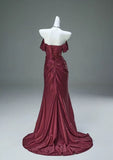 Wine Red Off Shoulder Satin Mermaid Evening Dress, Wine Red Sweetheart Long Prom Dress
