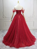 Wine Red Tulle Off Shoulder A-line Prom Dress, Wine Red Tulle Evening Dress Formal Dress