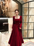 Wine Red Long Sleeves Velvet Floor Length Party Dress, Wine Red Velvet Long Prom Dress