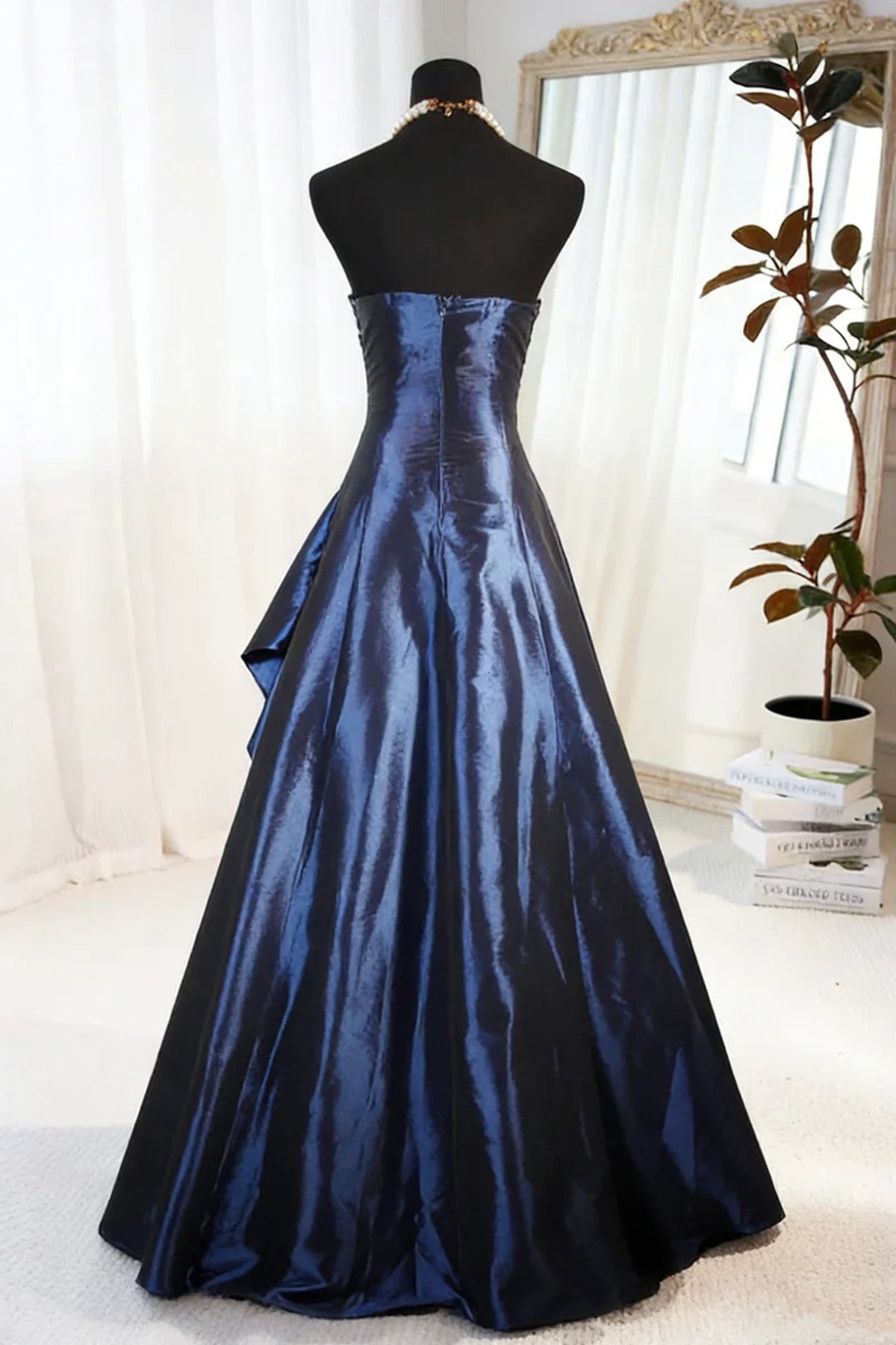 A-line Blue Satin Beaded Floor Length Prom Dress, Blue Satin Scoop Long Party Dress
