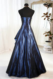 A-line Blue Satin Beaded Floor Length Prom Dress, Blue Satin Scoop Long Party Dress