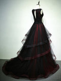 Black and Red Gothic Prom Dress, V-neckline Beaded Lace Long Evening Dress Formal Dress