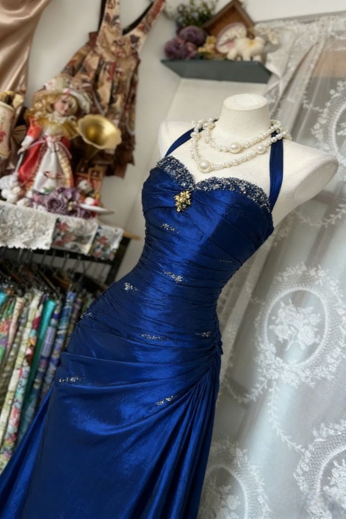 Blue Beaded Halter Mermaid Satin Long Formal Dress, Blue Satin Sweetheart Prom Dress