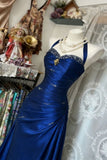 Blue Beaded Halter Mermaid Satin Long Formal Dress, Blue Satin Sweetheart Prom Dress