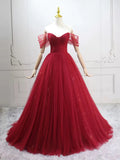 Wine Red Tulle Off Shoulder A-line Prom Dress, Wine Red Tulle Evening Dress Formal Dress