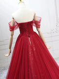 Wine Red Tulle Off Shoulder A-line Prom Dress, Wine Red Tulle Evening Dress Formal Dress