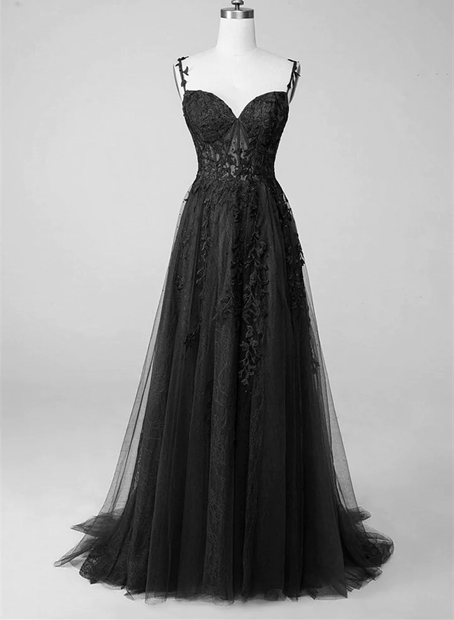 A-line Lace Straps Beaded Black Prom Dress Party Dress, Black Floor Length Formal Dress