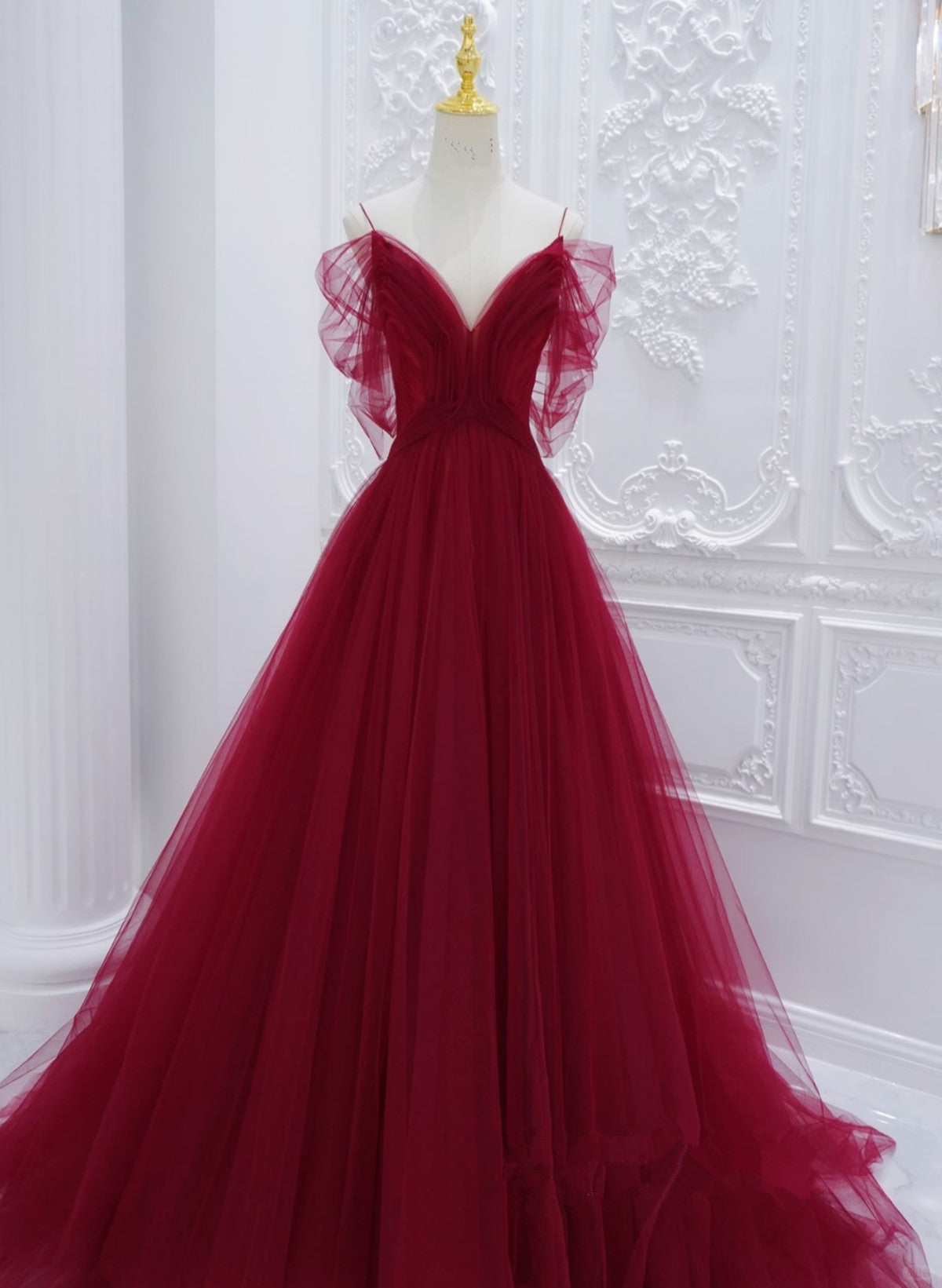 Red Off Shoulder Tulle A-line Formal Dress, Red Tulle Long Evening Dress Prom Dress