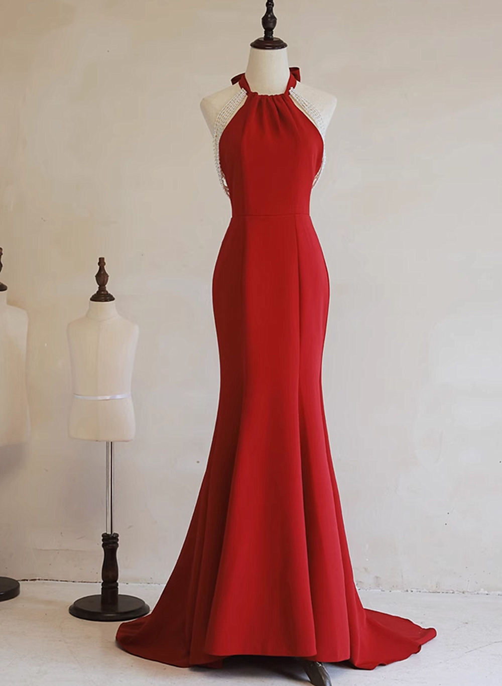 Simple Pretty Red Halter Mermaid Long Formal Dress, Red Long Evening Dress Prom Dress