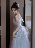 Lovely Blue Tulle Off Shoulder Beaded Party Dress, A-Line Tulle Blue Wedding Party Dress