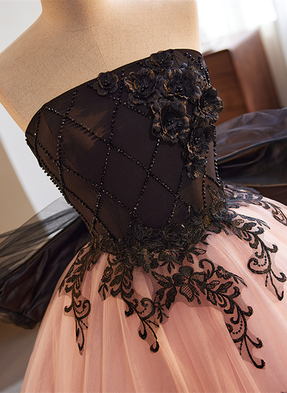 Pretty Pink and Black Ball Gown Tulle with Lace Formal Dress, Pink Sweet 16 Dresses