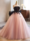 Pretty Pink and Black Ball Gown Tulle with Lace Formal Dress, Pink Sweet 16 Dresses