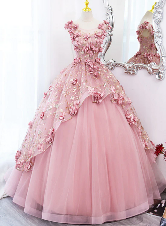 Pink Tulle Long Party Dress With Flowers, Pink Tulle Sweet 16 Dress Formal Dress