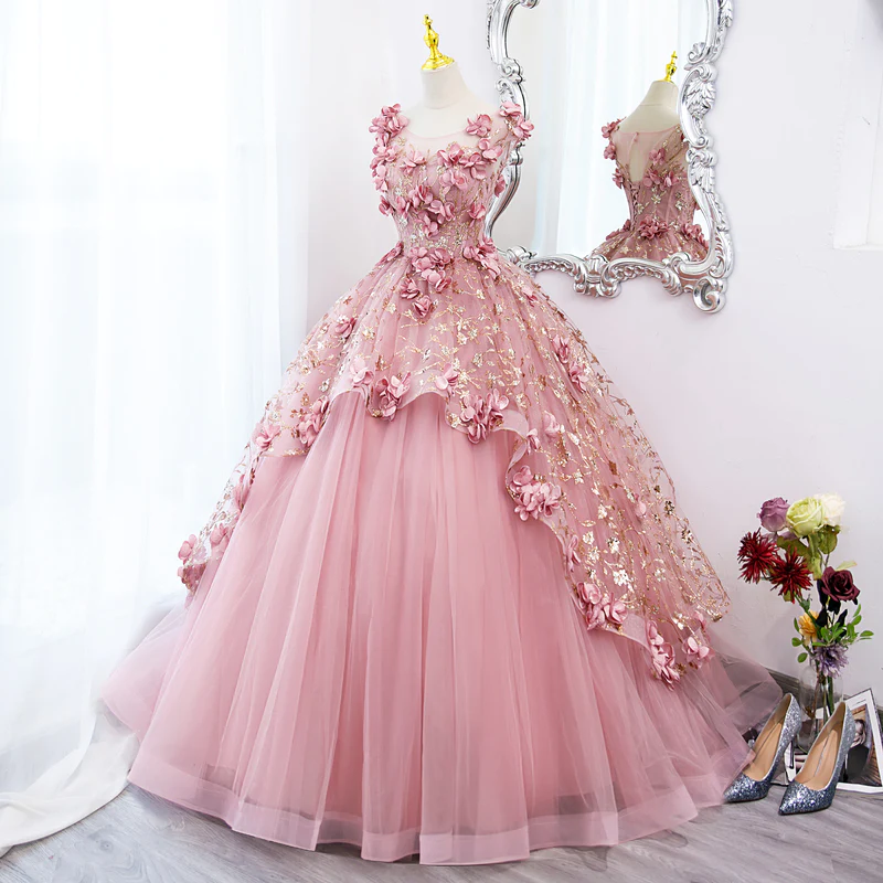 Pink Tulle Long Party Dress With Flowers, Pink Tulle Sweet 16 Dress Formal Dress