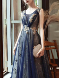 Elegant Navy Blue V-neckline Lace Long Party Dress, Navy Blue Wedding Party Dress