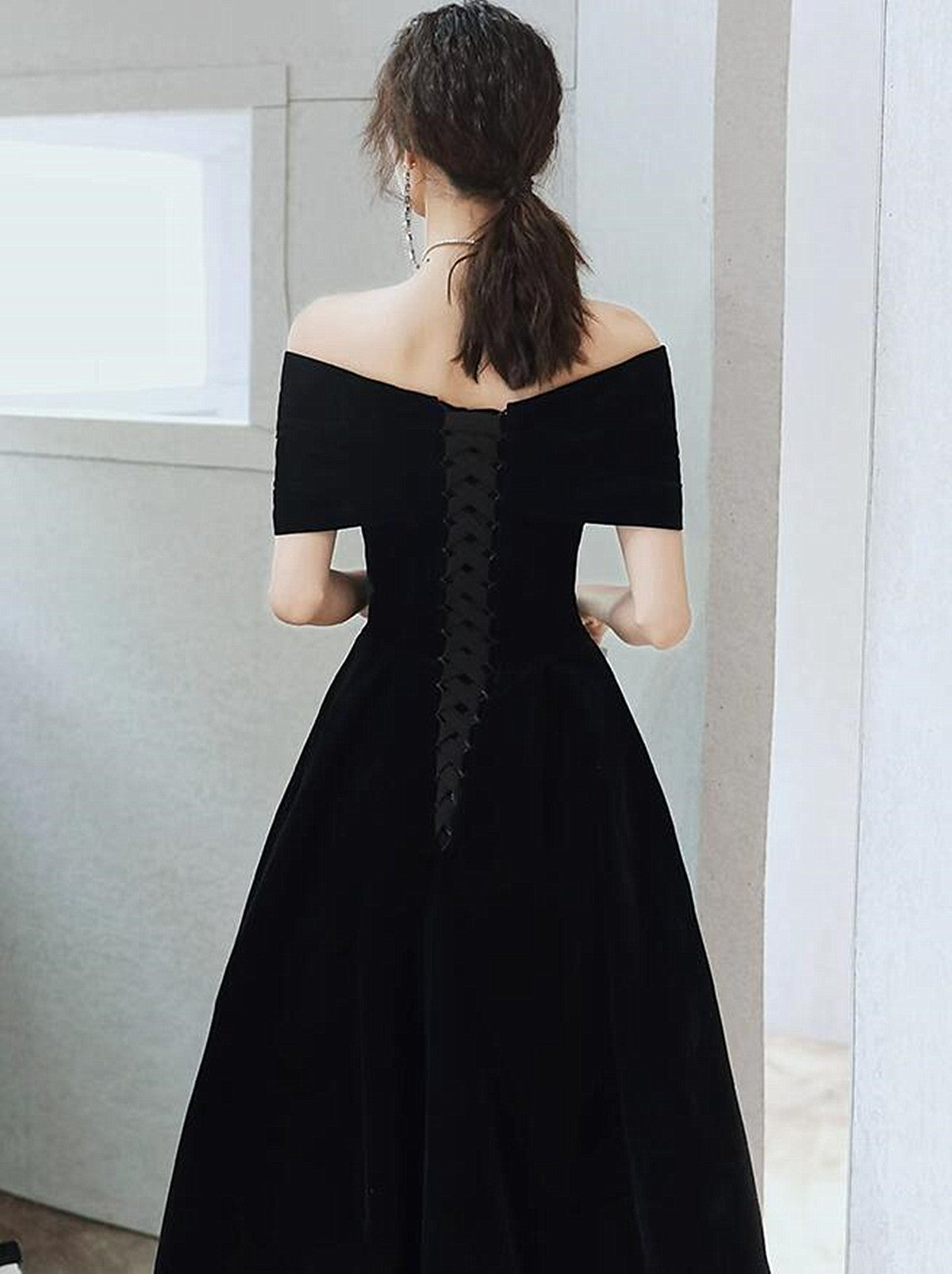 Black Velvet Tea Length Black Off Shoulder Party Dress, Black Short We – Formaldressy Black Velvet Tea Length Black Off Shoulder Party Dress, Black Short We – Formaldressy