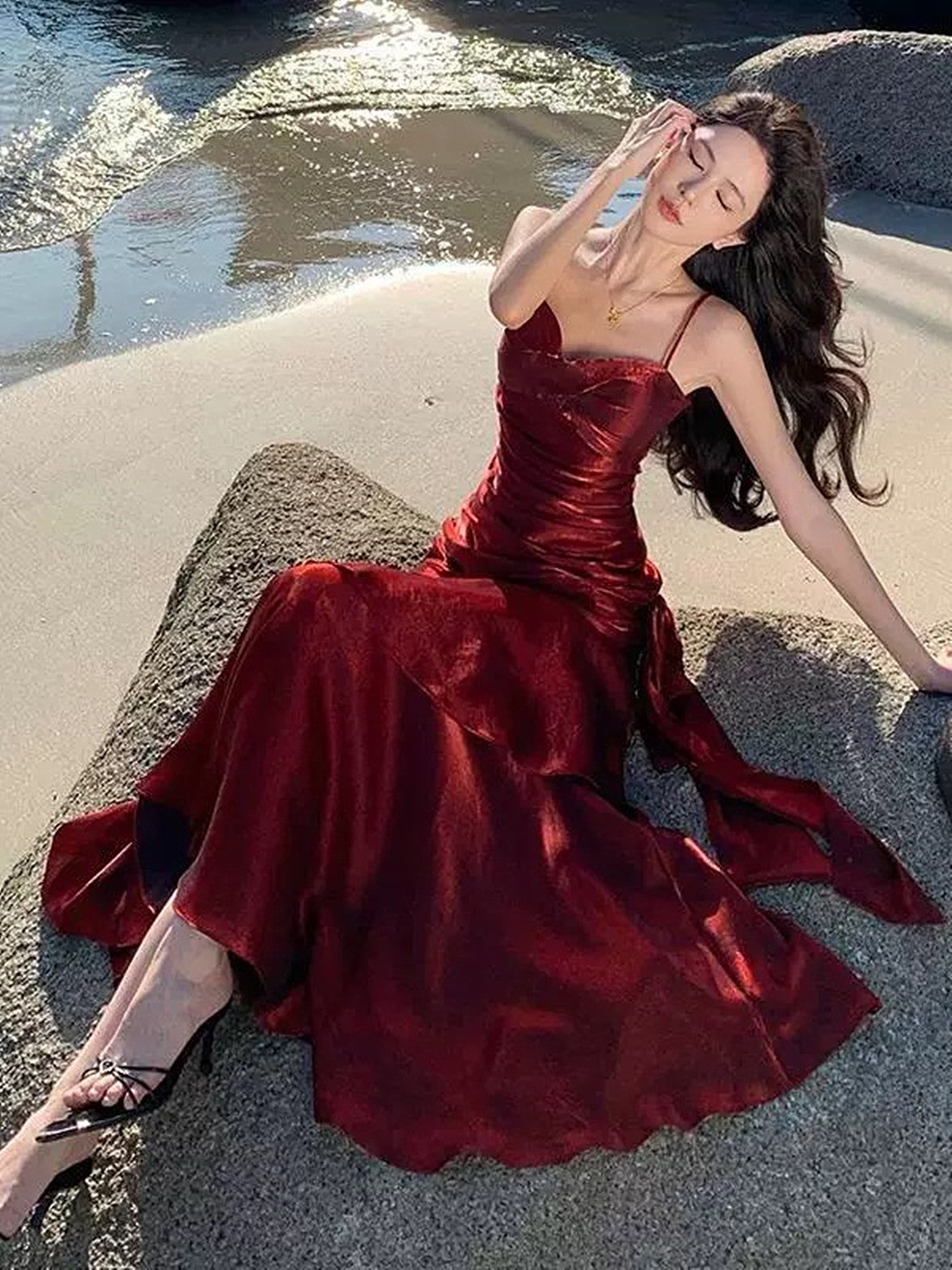 temporary love satin mermaid dress wine Temporary Love Satin Mermaid Dress - Wine