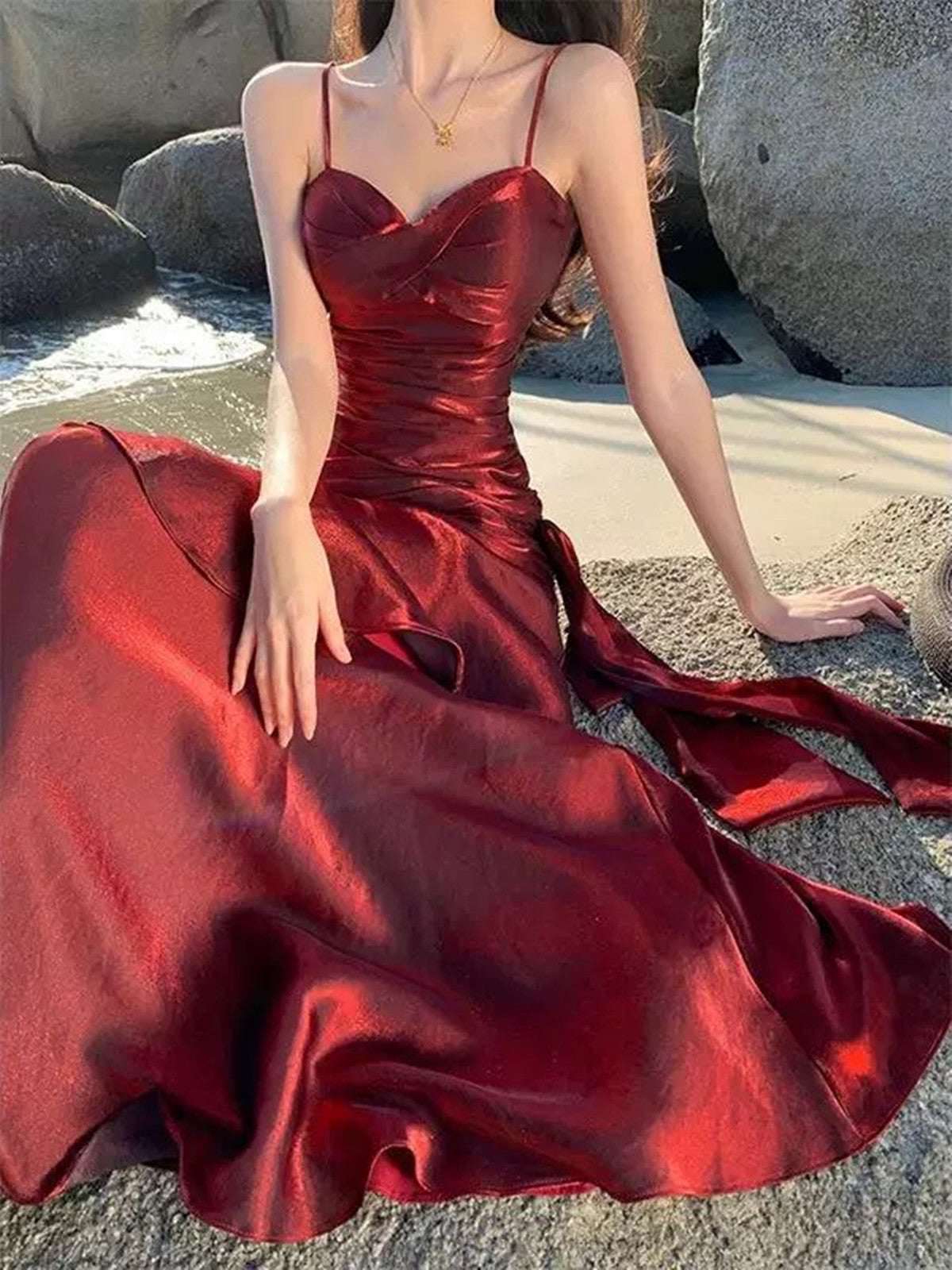 Wine Red Satin Mermaid Chic Sweetheart Prom Dress, Wine Red Satin Long Formaldressy Wine Red Satin Mermaid Chic Sweetheart Prom Dress, Wine Red Satin Long Formaldressy