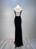 Black A-line Velvet with Lace Long Party Dress, Black Straps Prom Dress Formal Dress