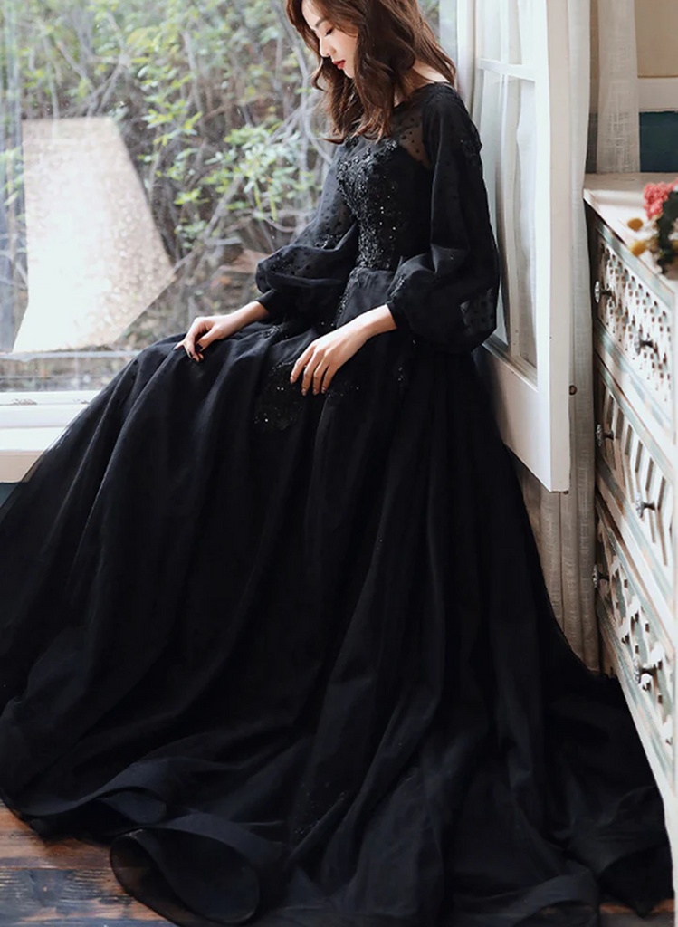 Lovely Puff Sleeve Tulle Formal Evening Gown, A-Line Long Prom Dress main image 0
