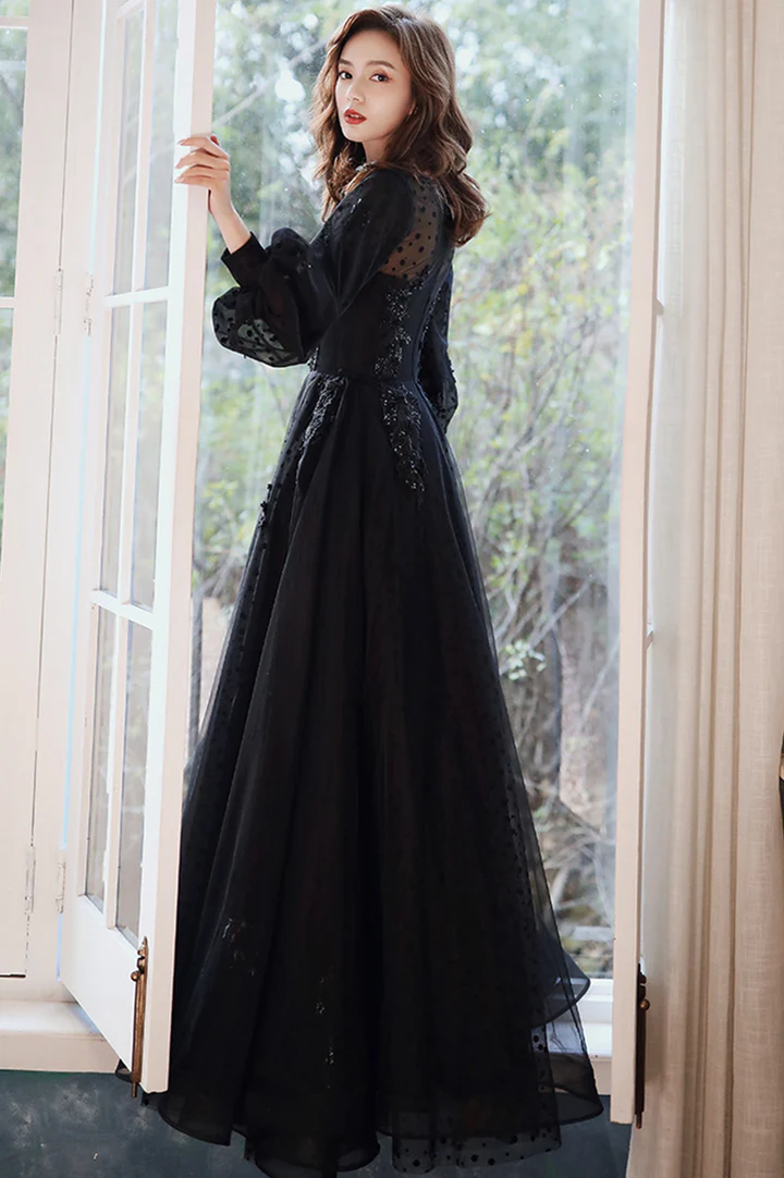 Puffy  Long Sleeves Tulle With Lace Long Evening Dress, A-Line Back Long Prom Dress