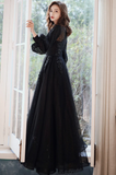 Puffy  Long Sleeves Tulle With Lace Long Evening Dress, A-Line Back Long Prom Dress