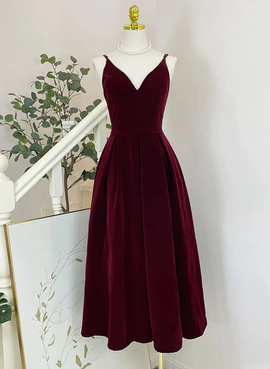 Wine Red V Neck Tea Length Party Dress, Wine Red Velvet Wedding Party Dress