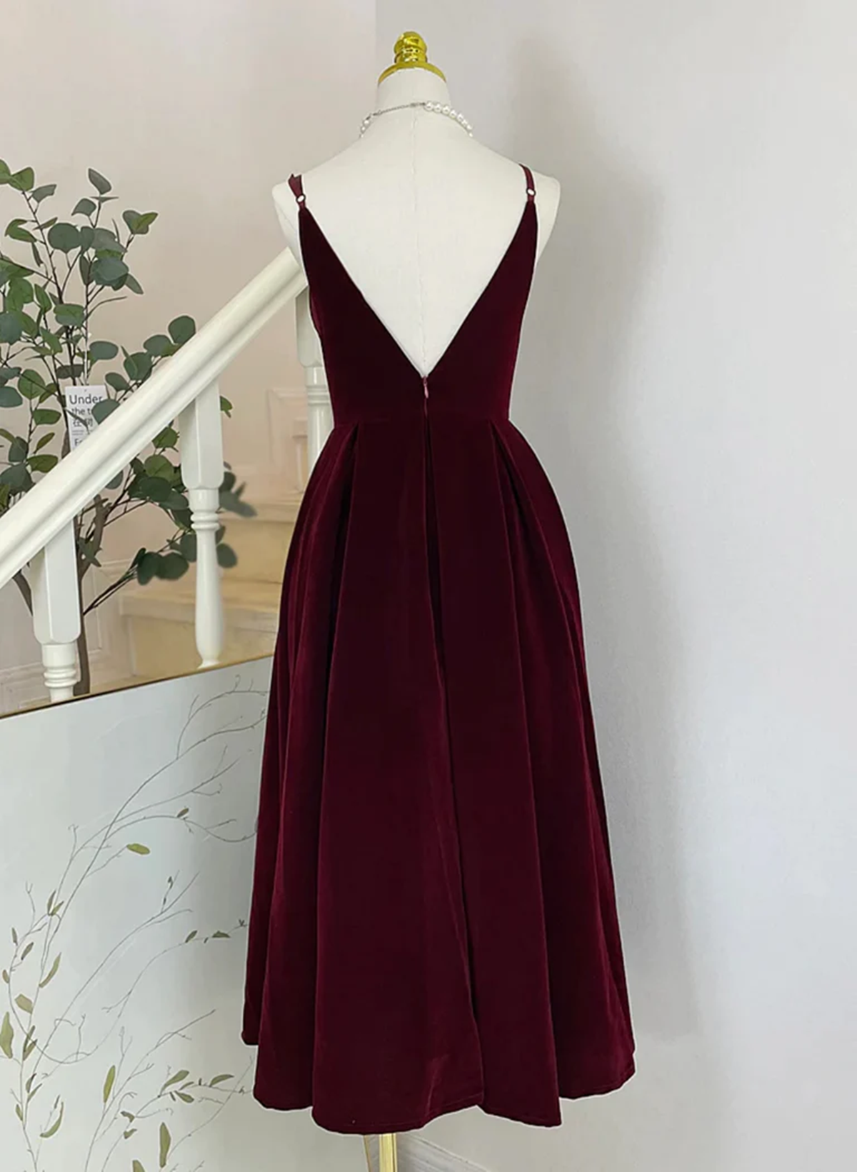 Wine Red V Neck Tea Length Party Dress, Wine Red Velvet Wedding Party Dress