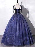 Blue Tulle And Velvet Long Prom Dress, A-Line Straps Evening Party Dress