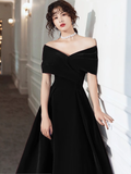 Black Velvet Tea Length Black Off Shoulder Party Dress, Black Short Wedding Prom Dress