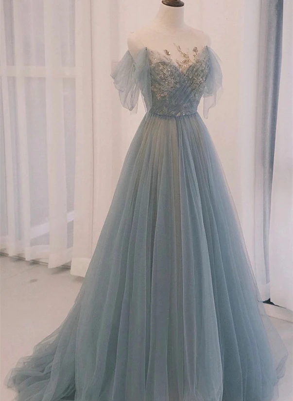 A-line Round Neckline Blue Tulle with Lace Long Party Dress, Tulle Evening Dress Prom Dress