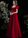 Dark Red Short Sleeves Scoop Long Party Dress, Dark Red Satin Evening Party Dress