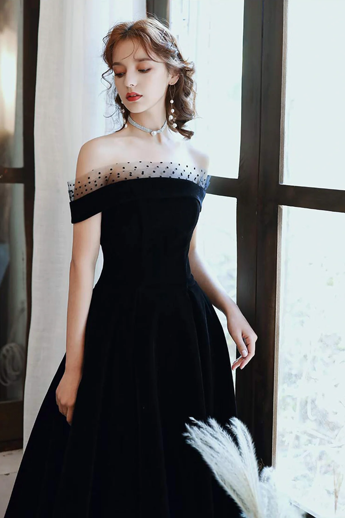 Black Velvet Off Shoulder Tea Length Party Dress, Black Velvet Homecom