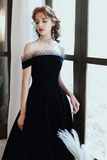 Black Velvet Off Shoulder Tea Length Party Dress, Black Velvet Homecoming Dress