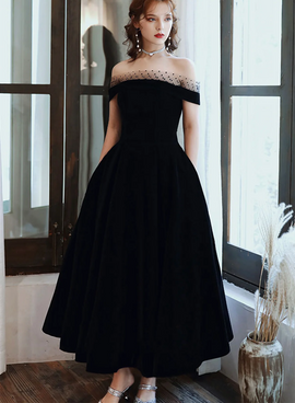 Black Velvet Off Shoulder Tea Length Party Dress, Black Velvet Homecoming Dress