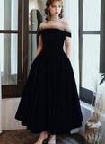 Black Velvet Off Shoulder Tea Length Party Dress, Black Velvet Homecoming Dress