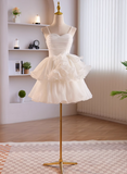 Cute White Tulle Straps Graduation Dress, White Tulle Sweetheart Short Prom Dress