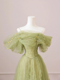 Green Off Shoulder Tulle Long Party Dress, A-Line Green Prom Dress Evening Dress