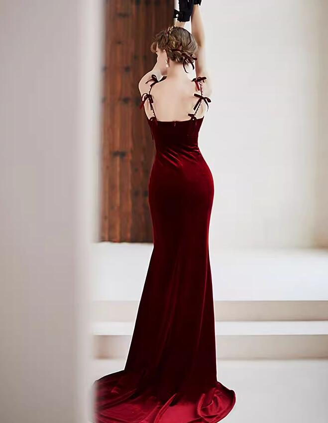 Wine Red Velvet Long Formal Dress, Wine Red Velvet Mermaid Party Dress Prom Dress