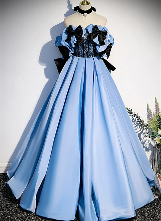 Blue Satin Off Shoulder with Bow Long Party Dress, Blue Satin Prom Dress Evening Dress