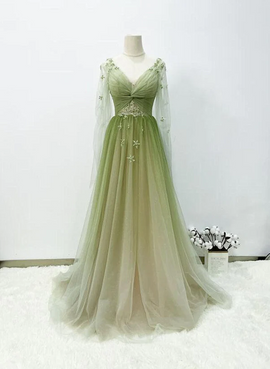 Lovely Green A-line Tulle Gradient Long Sleeves Evening Dress, Green A-line Long Prom Dress