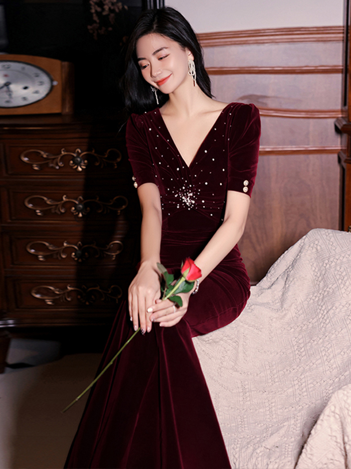 Wine Red Velvet Mermaid Short Sleeves Party Dress, Wine Red Long Evening Dress Prom Dress