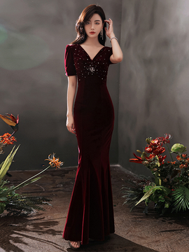 Wine Red Velvet Mermaid Short Sleeves Party Dress, Wine Red Long Evening Dress Prom Dress